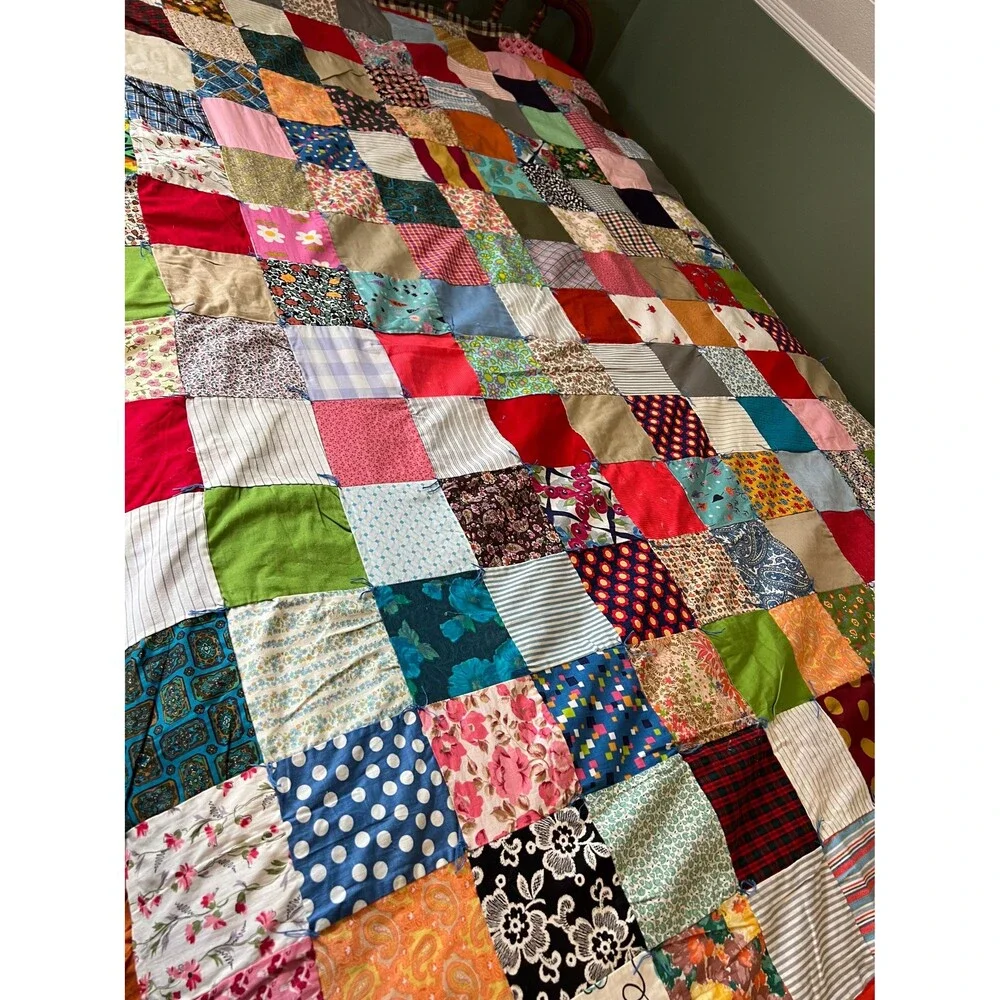 Hand Tied Scrap Crazy Quilt Reverses to Simple Squares